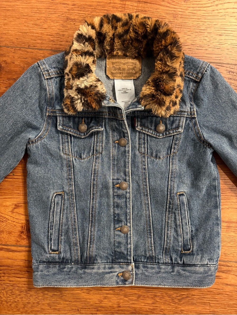 Levi’s Girls Denim Jacket Leopard Faux Fur Collar Snap Front Size 5-6